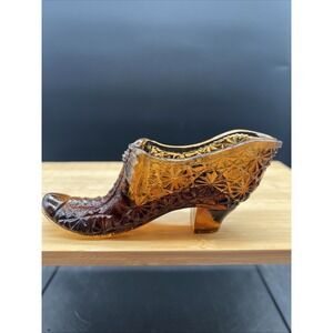 Vintage Fenton Daisy Button Amber Glass Shoe Slipper Bow